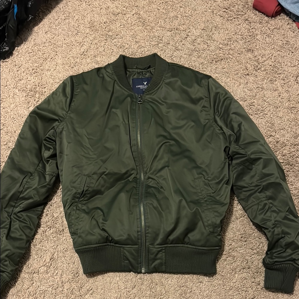 American Eagle Outfitters Green Bomber Jacket with Ribbed Cuffs